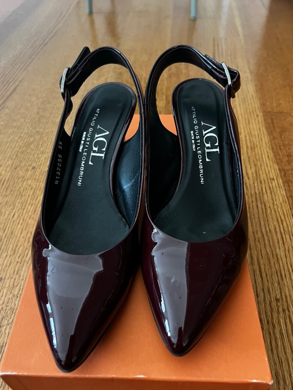 AGL burgundy patent leather strappy pumps